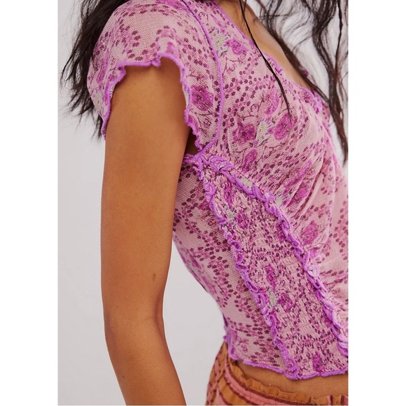 Free People Lilac Combo Purple Pink Oh My Baby Lettuce Trim Ruffle Tee NWT XS - Picture 3 of 12